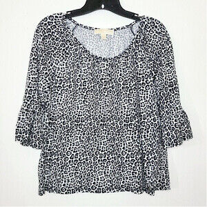 MICHAEL Kors Black White Leopard Print Knit Blouse Top Sz M